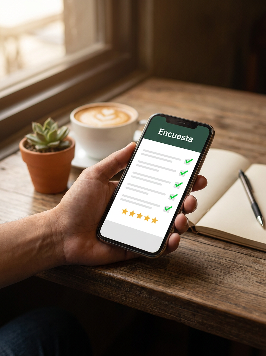 Evaluador completando una encuesta de cliente misterioso desde su celular en un café